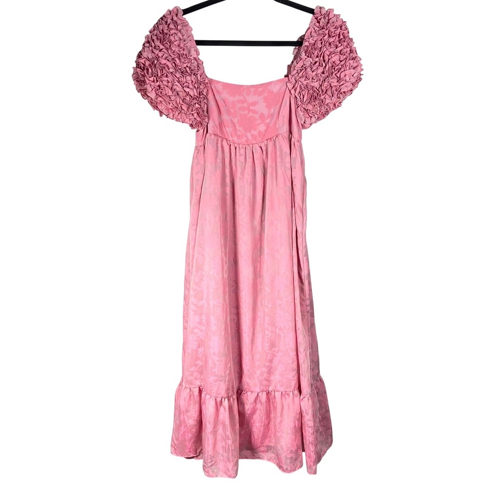 Storia Womens Pink Floral Jacquard Midi Dress Small S Puff Sleeve Smocked Back